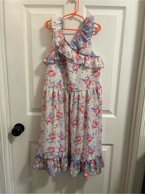 Bonnie Jean Cream Floral Ruffle Dress with Pink and Blue Accents